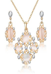 Fashion Opal Jewelry Sets For Woman Cubic zirconia Drop Golden Plated Necklace Pendant Earrings Statement Bridal Wedding Gift2842255
