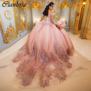 Rose Gold Spaghetti Strap Ball Gown Quinceanera Dresses 3D Flowers Applicies Lace Corset Vestidos DE 15 ANOS