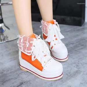 Fitness Shoes Womens Round Toe Match Colors Lace Wedge High Heel Sneakers Casual Top Up Lolita 4Colors Plus Size