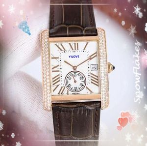 Shiny starry big size Lovers watches men quartz battery movement clock two line diamonds ring cow leather square tank dial day date Rose Gold Silver wristwatch gifts
