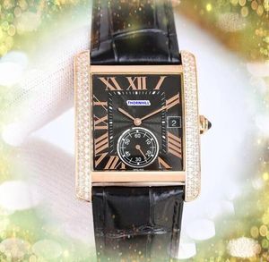 Iced Out Hip Hop two line diamonds ring watches 34mm luxury fashion men shiny starry square roman tank clock cool quartz battery sub dial working wristwatch bracelet