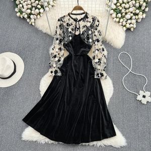 Casual Dresses Round Neck Short Stitching Mesh Shawl Jacket Two-piece Fashion Lady Temperament Gold Velvet Suspender Dress