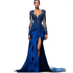 Party Dresses Custom Elegance Royal Blue Long Sleeve Evening Dress High Slit Mermaid Appliques Draped Satin Vestidos De Novia C24148