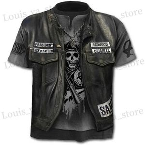 Men's T-Shirts Male Motorcycle T-shirt Vintage Punk Short-slved Skull Print T Shirts Oversized Casual Hip Hop Unisex Tops Summer Men Clothing T240419