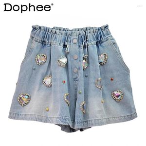 Women's Shorts Exquisite Rhinestone Beaded White Love High Waist Slimming Wide-Leg Denim Women 2024 Summer Short Jeans Booty