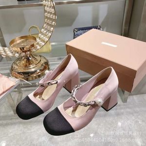 Sandals Shoes Spring Mary Jane Round Toe Thick Heels Elegant High Pearl Chain Colored Women's Singles