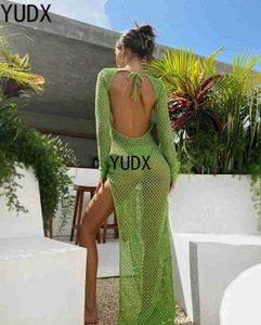 Basic Casual Dresses Knitted Beach Dress Green Backless Cover Up for Women Long Crochet Dress High Slit Hollow Out Swimwear Summer Beachwear Outfit 240419