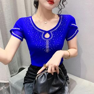 Women's T Shirts 2024 Summer Short Sleeved Women's T-Shirt Elegant Slim Drilling Mesh Tops M-3XL Black Blue Female Blusas Clothes