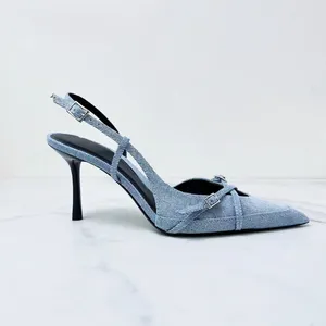 Men's Suits Women's Spring/summer 2024 Denim Shallow Strap Hollow Baotou Sexy Stiletto Fashion Sandals.