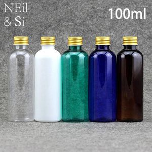 Förvaringsflaskor 100 ml plast droppvatten flaska påfyllningsbar hårbalsam deodorant behållare blå vit brun silverguld mössa