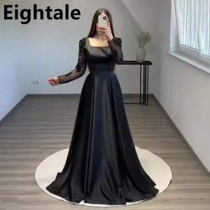 Party Dresses Eightale Black Long Sleeve Square Neck Evening Side Slit Dubai A-Line Celebrity Formal Gown Satin Prom Dress