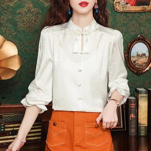 Blusas femininas cetim camisa de estilo chinês primavera/verão vintage jacquard roupas de seda solta mangas compridas mulheres tops ycmyunyan