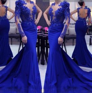 Heavy Beading Sheer Sleeves Mermaid Prom Dresses 2018 Royal Blue Illusion Neck Evening Gowns Sheer Back Cocktail Formal Party Dres7309704