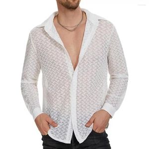 Men's Casual Shirts Beach Shirt Lace Mesh Cardigan With Turn-down Collar For Summer Vacation Wear Sheer Long Sleeve Stylish