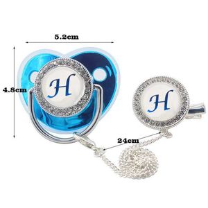 Pacifiers# Name Initial Letters Baby Pacifier with Clips Lids Rhinestone Blue Luxury Pacifier Newborn Baby Boys Silicone Nipple Baby ShowerL2403