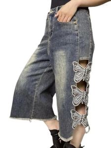 Kvinnors jeans perforerade fjäril ihåliga broderier hög midja för kvinnor sommar baggy bred ben kalvlängd byxor