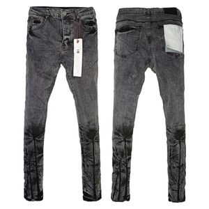 New Men's Jeans Brand Mens High Street Coconut Tree Print Black Stylish Pants Denim Trousers