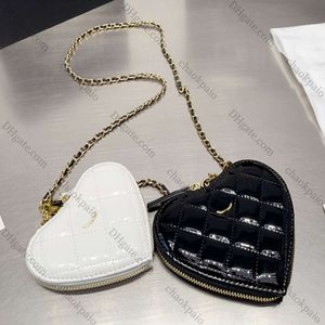 Mini Double Heart Zipper Coin Purse Designer Bag Patent Leather Black White Matelasse Chain Lovely Crossbody Shoulder Handbag Lady Wallet Gold Metal Hardware 14cm