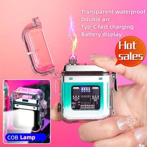 New Creative Trend Transparent Shell Lighter with Flashlight Windproof Dual Arc USB Rechargeable Plasma Igniter Men's Gift