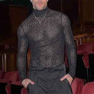 Incerun män t shirt leopard tryck turtleneck mesh sexig lång ärm se genom camisetas streetwear mode män kläder 240409