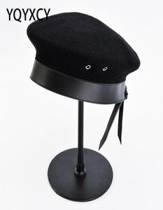 Berets Wool Beret Frauen039s Winterhut PU Leder Rand Wollmütze Maler Boina Feminina England Gorras Schwarz Retro4219336