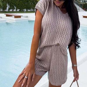 Women's Tracksuits Fashion Solid Color Hollow Knitted Two Piece Set Casual O Neck Top Shorts Slim Suit Sexy Summer Vacation Beach Outfits