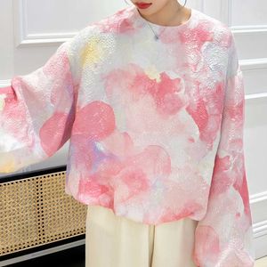 NANYOU WOMENS 2024 Spring Wear Wear Hight Fashion Silk Bubble Crepe Tie tingido Camisa de pescoço redondo com idade reduzida