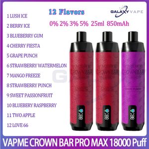 Оригинальный Vapme Crown Bar Pro Max 18000 Puff Orsosable Vape 12 вкуса 850 мАч. Регаренная аккумуляторная батарея e Сигаретные слойки 18K 25 мл сетчатой катушки катушки