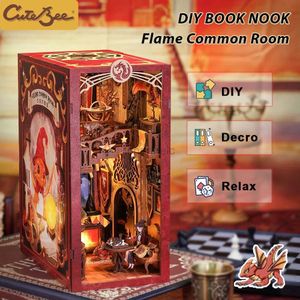 3D Puzzles CUTEBEE Book Nook Doll House 3D Puzzle With Touch Light Dust Cover Magic Gift Ideas Bookshelf Insert Toy Gifts Flame Common Room 240419