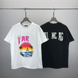 ヘビーコットンサンセットプリント短袖Tシャツの男性と女性2024夏の新しいルーズルックスリムトップ