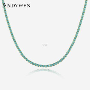 Pendanthalsband Andywen 925 Sterling Silver Gold 2mm Turquoise Tennis Cz Chain Halsband Summer Long Chain Choker Crystal Luxury Fine Jewelry 240419