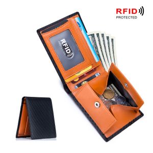 Brieftaschen Dienqi rfid Carbonfaser Männer Brieftaschen Geldbeutel Schwarze Schlanke dünne Brieftasche Kleine männliche Lederbeutel Kupplungsbeutel Münzhalter Garantie