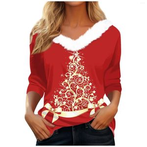 Женская рубашка для женских рубашек Tee Рождественское длинное рукав флисовое воротник v Nece Top Зимняя одежда для женщин 2024