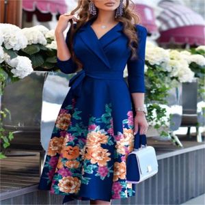 Casual Dresses Fashionabla Spring Women's Print Suit Collar V-Neck Pets Up Long Sleeved Dress Elegant Flower Cross S-XXL