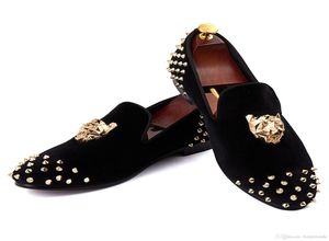Harpelunde Flat Shoes Rivets Black Men Velvet Loafers Animal Buckle Dress Shoes With Spikes Drop US Size 7141207964