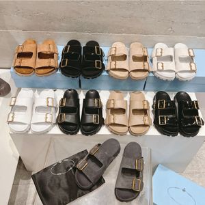 Lyxdesign Kvinnor Sandaler Tupplur Läder Flat Sole Sandals Dubbel Buckle Metal Swerrated Roman Sandals Summer Casual Beach Slippers Storlek 35-40