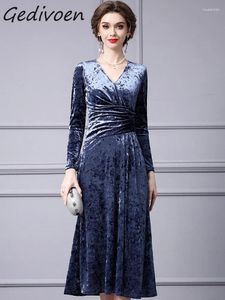 Casual Dresses Gedivoen Autumn Fashion Designer Blue Elegant Party Dress Women's V Neck Long Sleeve Diamonds High midja Slim A-Line