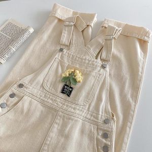 Women's Jeans Women Beige Denim Jumpsuit Yellow Flower Appliques Suspender Jean Pants Female Versatile Casual Streetwear Wide Leg Overalls