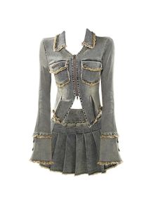 Autumn Korean Fashion Vintage Denim Rave Outfits 2 Piece Set Long Sleeve Jean Jacket Y2K Gyaru Mini Pleated Skirts 240325