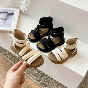 Sandals Childrens Fashion Sandals Beige High Top Flat Non-slip Boys Girls Roman Shoes Black Fashion Non-slip Hundred Kid Baby Sandals 240419