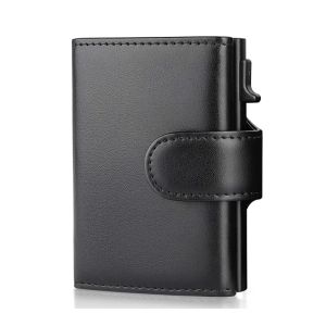 Wallets 2022 Fashion Aluminum Credit Card Wallet RFID Blocking Trifold Smart Men Wallets 100% Genuine Leather Slim with Coin Pocket