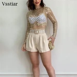 Kadın Tişörtleri Vsstiar Seksi Uzun Kollu Kadınların Tops Üstleri Glitter Pullar Boncuklu Mesh T-Shirt Moda Gece Kulübü Partisi Giyim