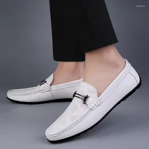 Casual Shoes High Quality Men Brand Top Layer Cowhide Bean Comfortable Lazy Fashionable White Non Slip Soft Sole Driving