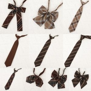 Bow Ties JK Vintage Brown Checkered Striped Pre-Tied Neck Tie Korean Japanese College Bowtie School Uniform Necktie Cravat