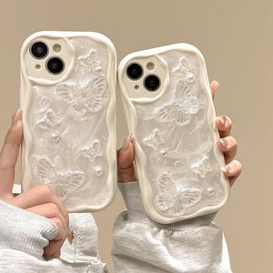 Obudowy motyla 3D na iPhone 15 Pro Max 14 Plus 13 12 11 Śliczne urocze fala po stronie miękkiej mody TPU mody kremowy szokowy telefon komórkowy