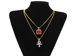 Hiphop smycken egyptisk stor ankh nyckelhänge halsband sätter mini fyrkantig rubin safir med charm kubansk länk för mens mode2997703