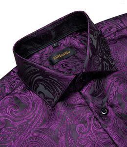 Camicie da uomo camicie di seta di seta di lusso casual in poliestere per uomo manica lunga camicetta da ballo smoking formale viola paisley abbigliamento designer paisley