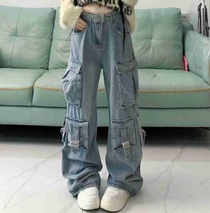 Women's Jeans Autumn Ladies Jeans Cargo Pants Street Style Baggy Pants Women Blue Multi-pocket Wide Leg For Women