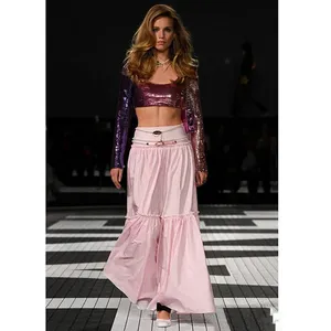 2024 Fashion Single Breasted Pink Color Stripe A-line Lady Long Skirts Womens High Waist Elegant Patchwork Vintage Skirt