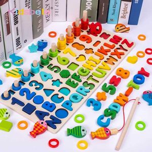 3D Puzzles Wooden Number Puzzle Sorting Montessori Toys For Toddlers Shape Sorter Counting Fishing Game Educational Math Stacking Block 240419